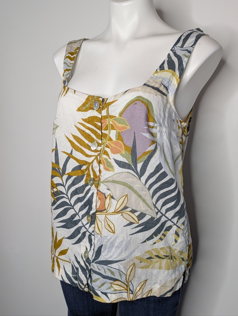 C&C California White Yellow Blue Tropical Square Neck Linen Button Up Tank Top M - Picture 2 of 8